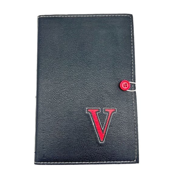 Journal 9x6 Black V Initial Button Closure Refillable Red Accents - Picture 1 of 10